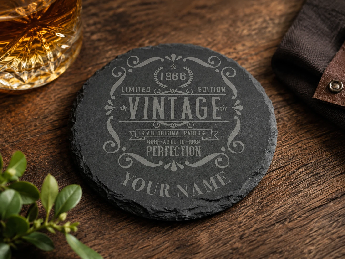 Personalised 60th birthday slate coaster laser-engraved with a vintage 1966 label design