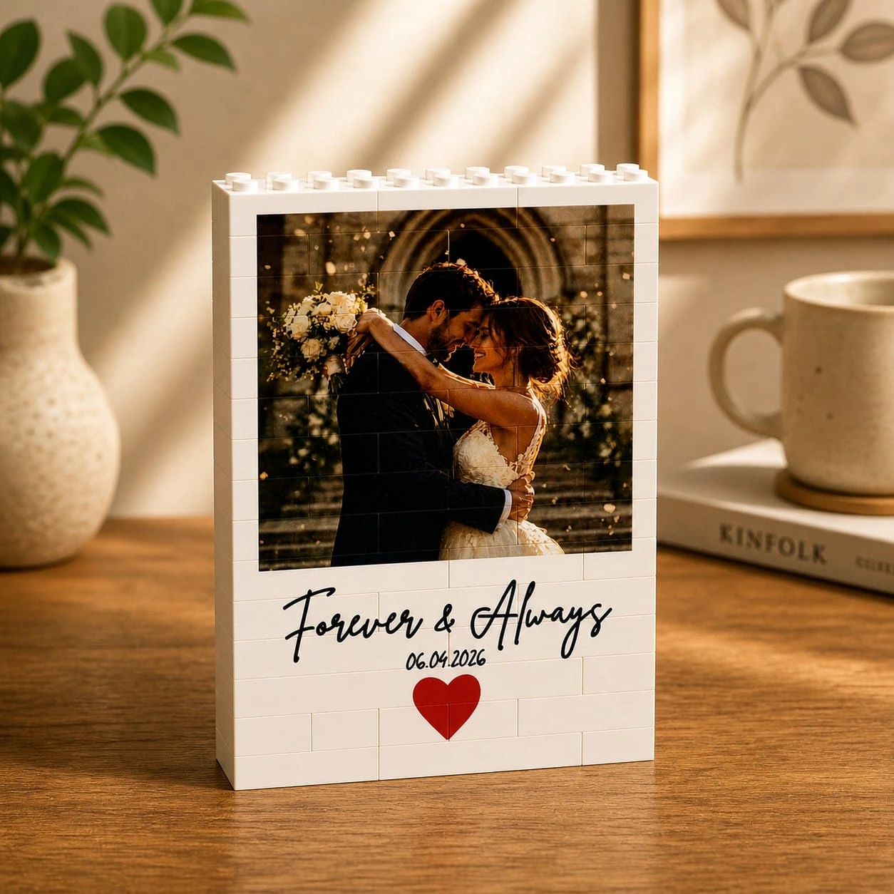 Personalised building brick photo block holding a printed family photograph